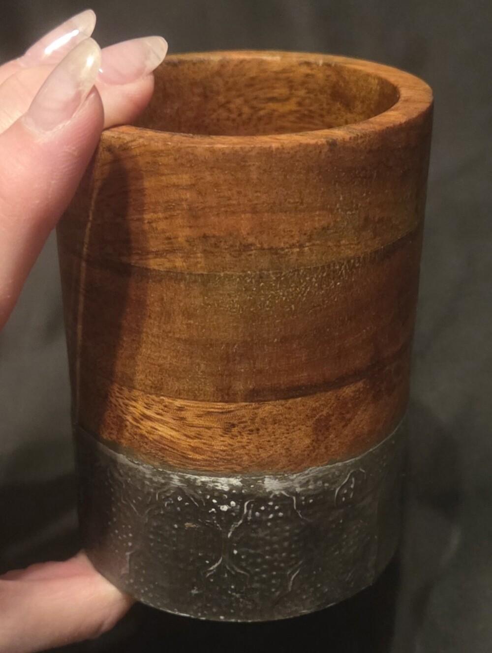 India Made Wooden and Metal Container Pencil Cup Organizer Vessel 4"T